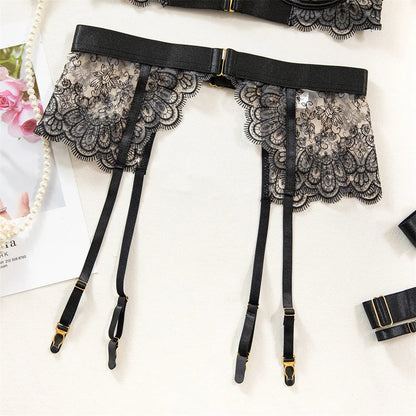 Luxury Black Flower Embroidery Lingerie 4 Piece Mesh Transparent Metal Buckle Bra And Thong Garter Set The Clothing Company Sydney