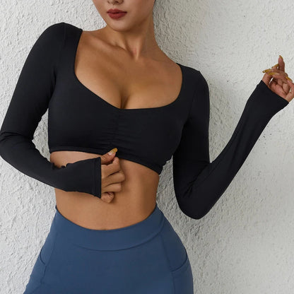 Nylon Gym Yoga long Sleeved T-shirt tight Pleated Sports women's waist tight yoga Top The Clothing Company Sydney