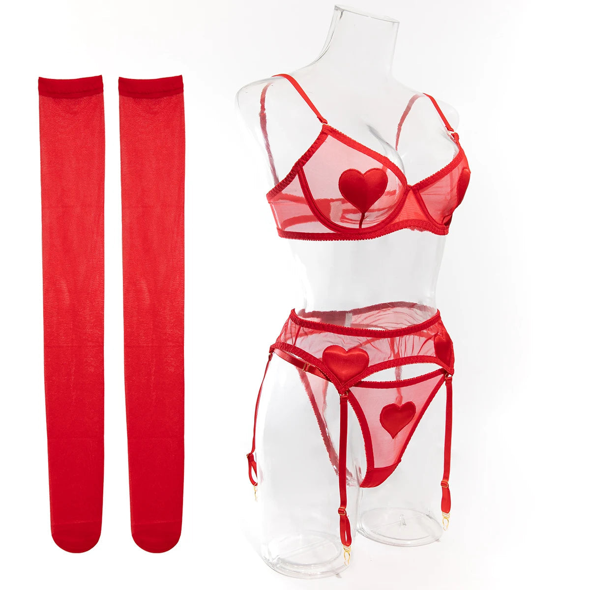 Pink Heart Patchwork Lingerie 4 Piece Mesh See-through Bras And Panties Suits With Stocking Fancy Set The Clothing Company Sydney