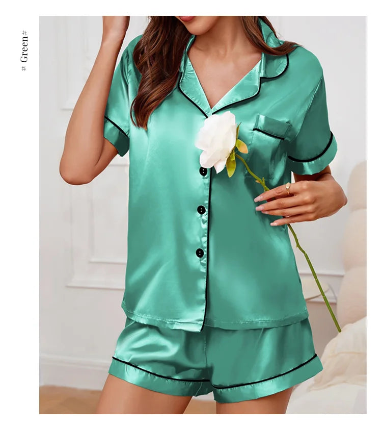 Summer Silk Satin Women Pyjamas Set Button Down Top & Shorts 2 Piece Sleepwear Notched Collar Nightwear Loungewear The Clothing Company Sydney