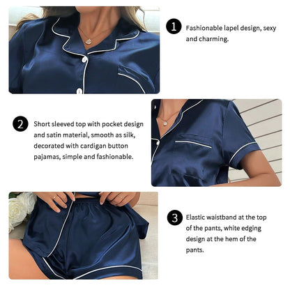 Summer Silk Satin Women Pyjamas Set Button Down Top & Shorts 2 Piece Sleepwear Notched Collar Nightwear Loungewear The Clothing Company Sydney