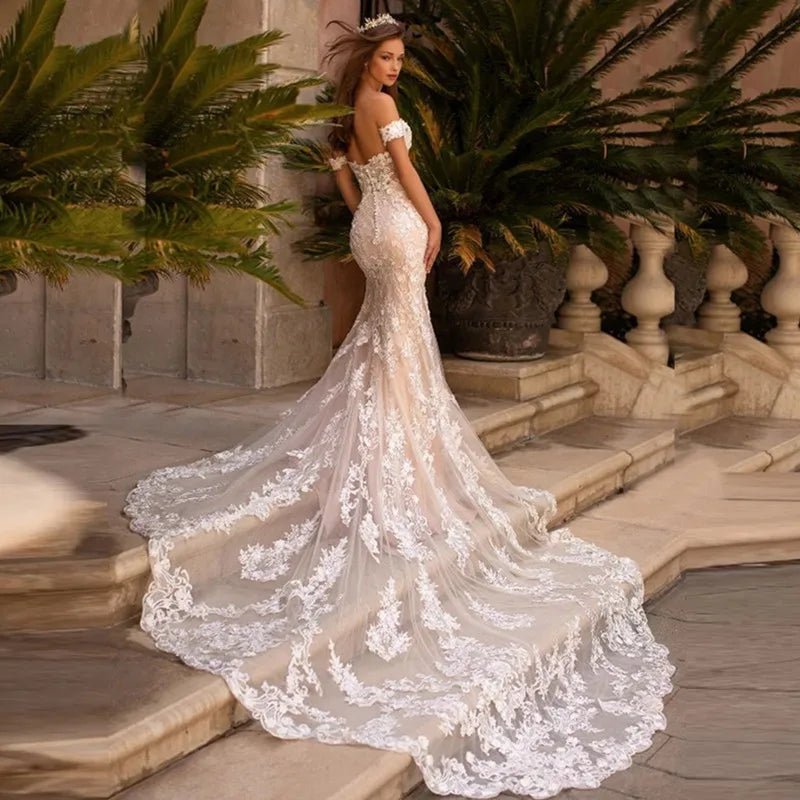 Mermaid Lace Sweetheart Off The Shoulder Bride Gowns With Train Backless Button Wedding Dress