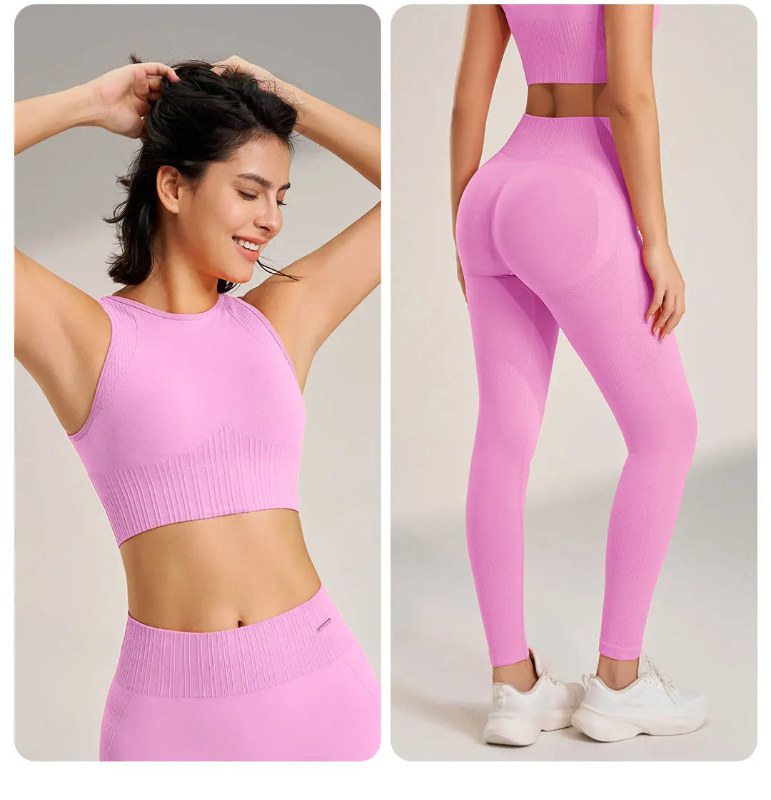 Yoga Matching Outfit Set Women's High Waist Leggings and Top Two Piece Seamless Fitness Exercise Fitness Workout Activewear