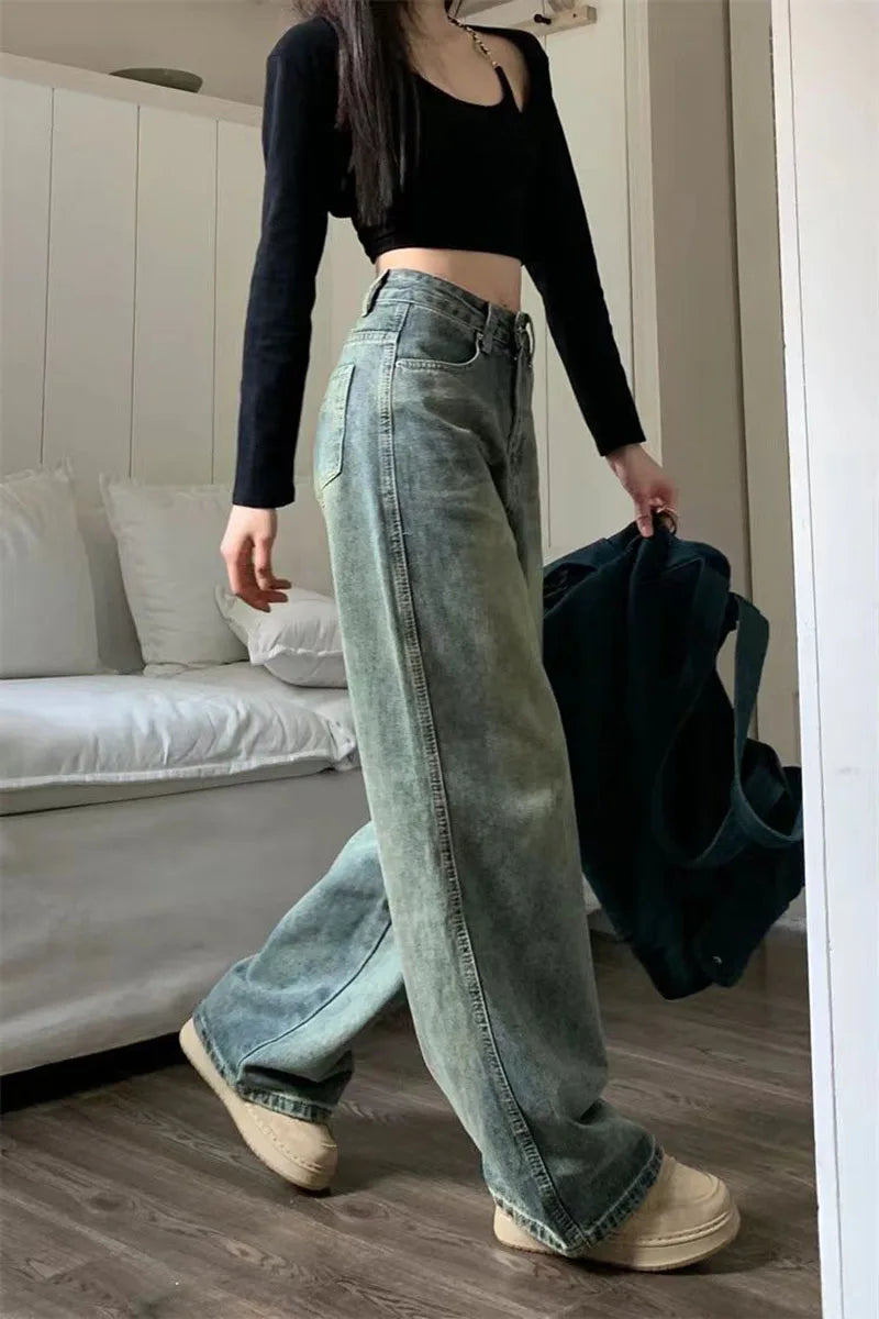 Vintage Baggy Straight Denim Trousers Y2K High Waist Loose Wide Leg Jeans Women Streetwear All-Match Casual Pants