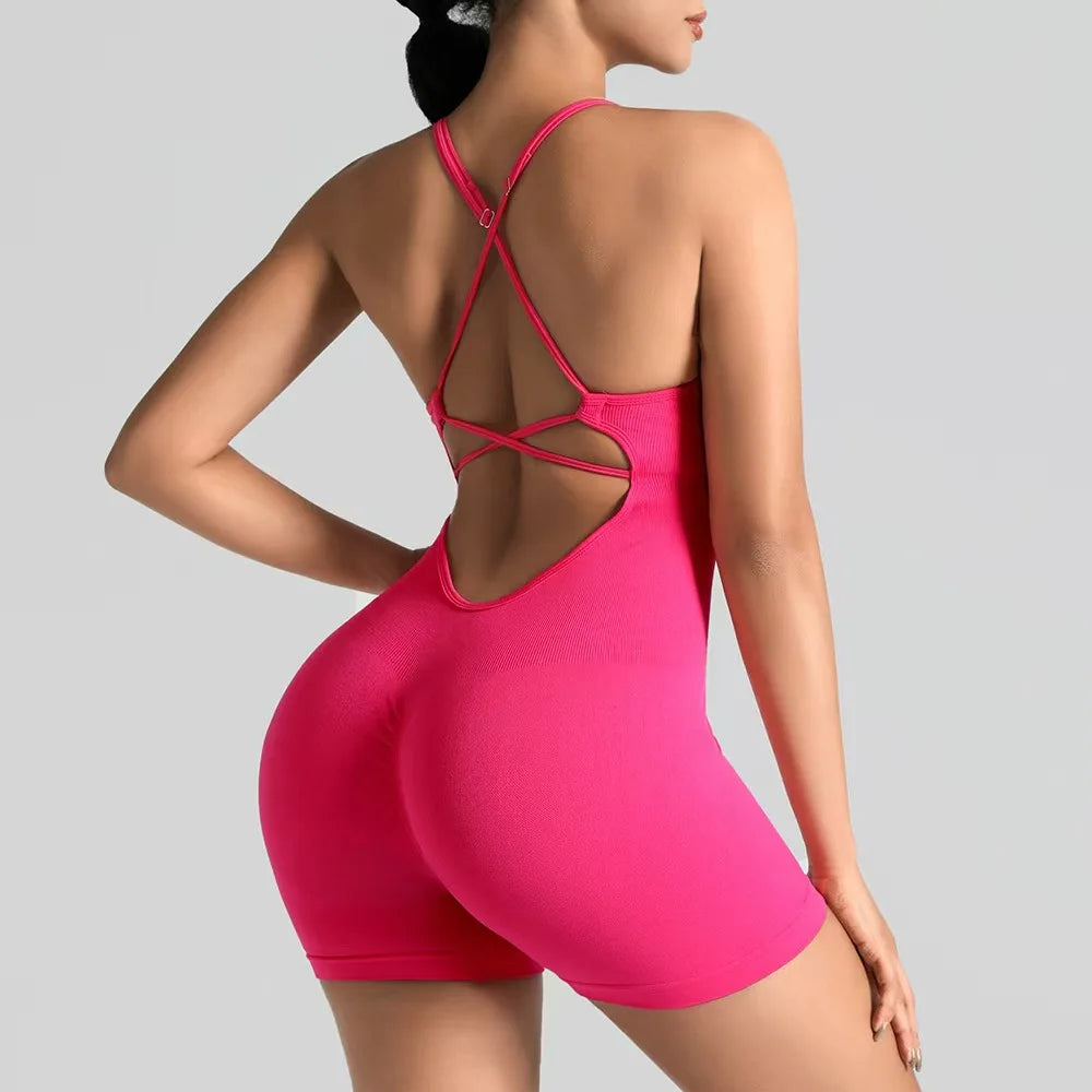 Women's Slim-Fit Yoga Short Jumpsuit Seamless Back Workout Bodysuit Breathable Quick-Dry Gym Running Pilates Fitness Wear