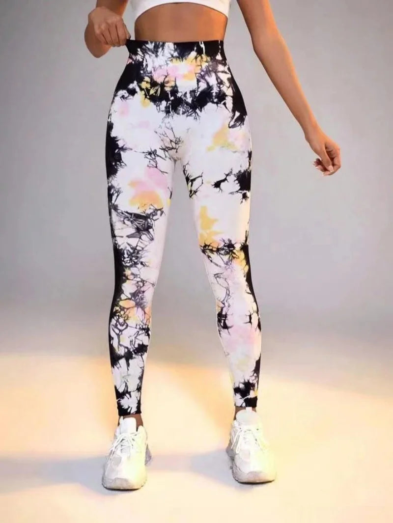 Women's 3D Print Tie Dye Sports Seamless High Waist Fitness Push Up Leggings Gym Clothing Workout Tights Pants