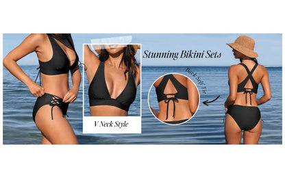 2 Piece Split Swimsuit Bikini 2 Piece Set Deep V Neck Triangle Side Bandage Bikini Set The Clothing Company Sydney