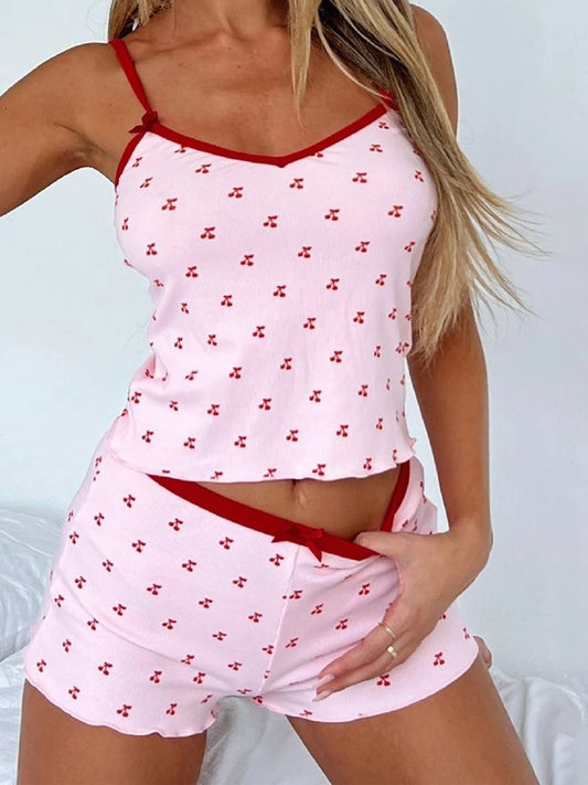 Women's 2 Piece Pajama Set Sleeveless Cherry Print Cami Tops Casual Shorts Sleepwear Pyjama Set The Clothing Company Sydney