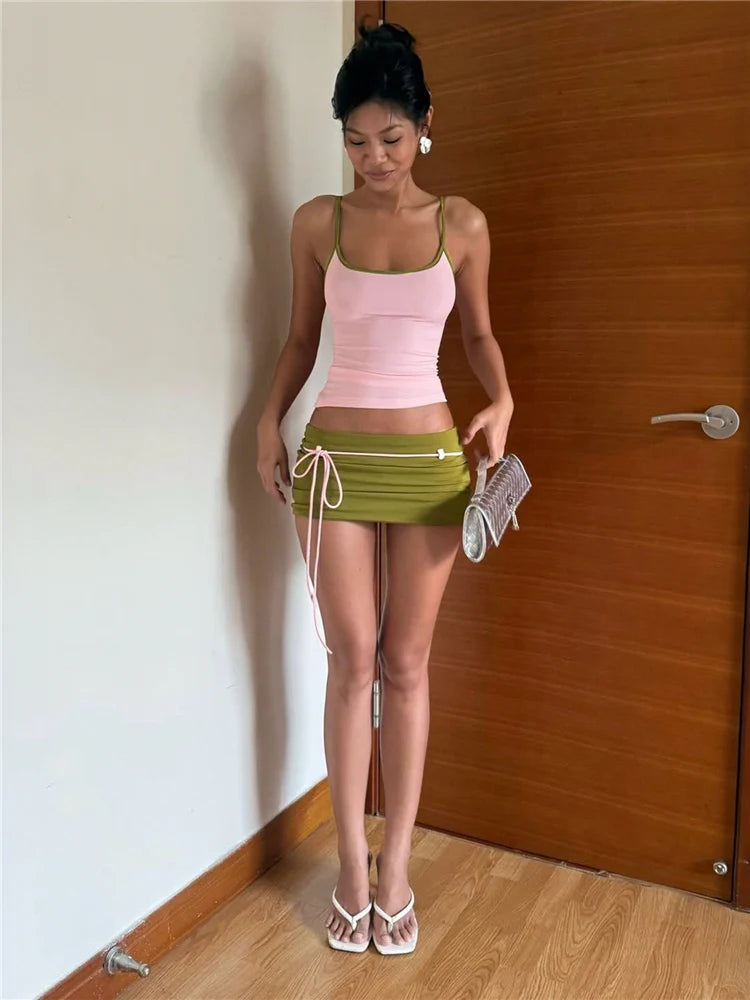 2 Piece Y2K Matching Set Womens Low-Neck Backless Camisole Top+Bandage Tassel Mini Skirt