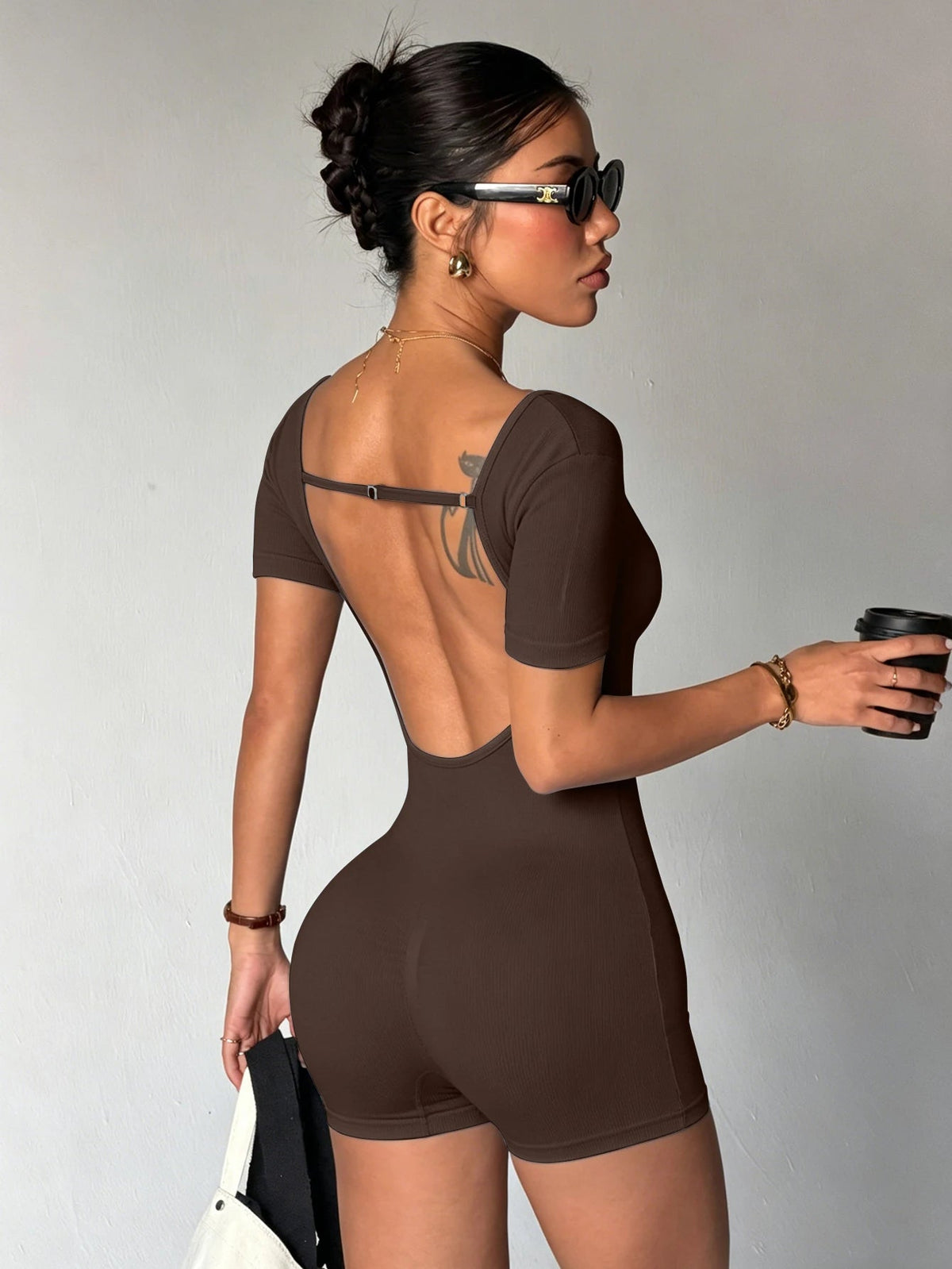 Short Sleeved Yoga Jumpsuit with Hollowed-Out Back Casual Fitness Pant One-Piece Quick-Drying Playsuit The Clothing Company Sydney