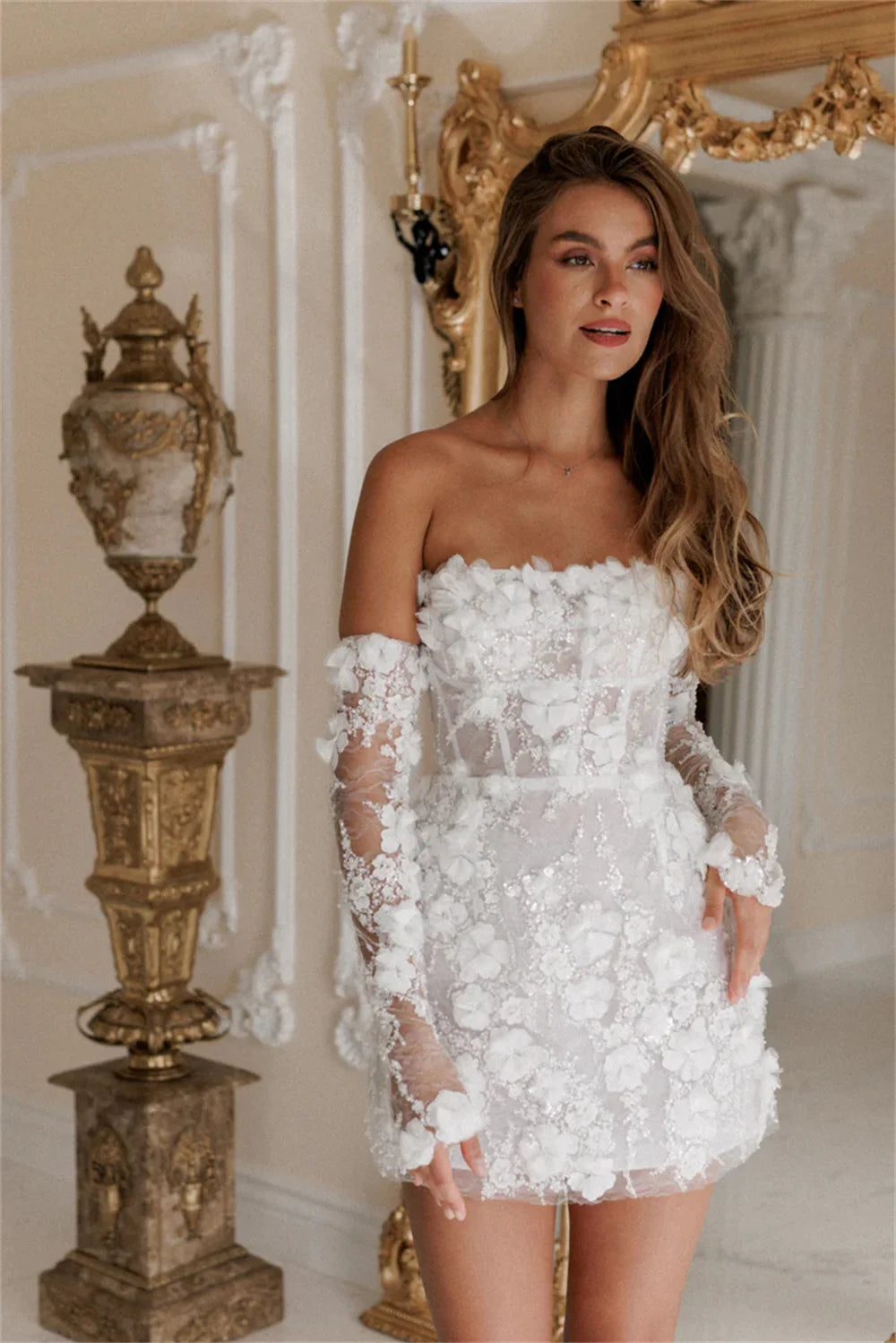 Mini Prom Dresses Flower Lace Embroidery Evening Cocktail Party Wedding Dress Elegant Off Shoulder Detachable Sleeves Dress The Clothing Company Sydney