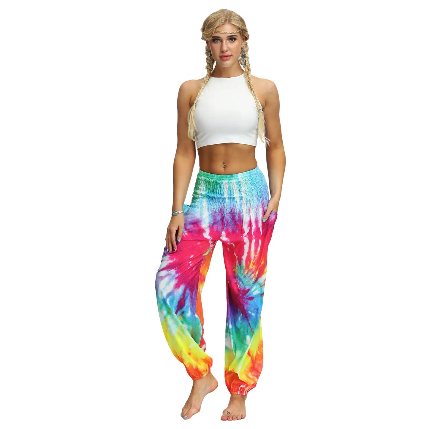 Tie-Dye High Waist Harem Pants Yoga Trousers Baggy Elastic Waist Boho Pants Casual Loose Beach Pants