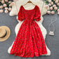 Women's Fashion Romantic Floral Print Split Long Summer Dress Puff Sleeve Party Dress