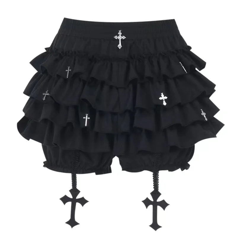 Women's Tiered Ruffles Mini Skirt with Cross Charms Built-in Shorts Skort Gothic Punk Skirt The Clothing Company Sydney