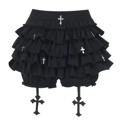 Women's Tiered Ruffles Mini Skirt with Cross Charms Built-in Shorts Skort Gothic Punk Skirt The Clothing Company Sydney