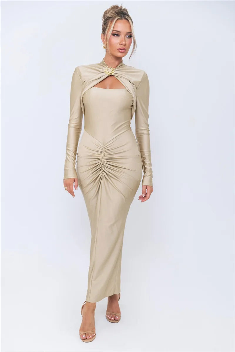 Hollow Out Long Sleeve Maxi Dress Gown Autumn Winter New Metal Buckle Ruched Slit Long Elegant Dress