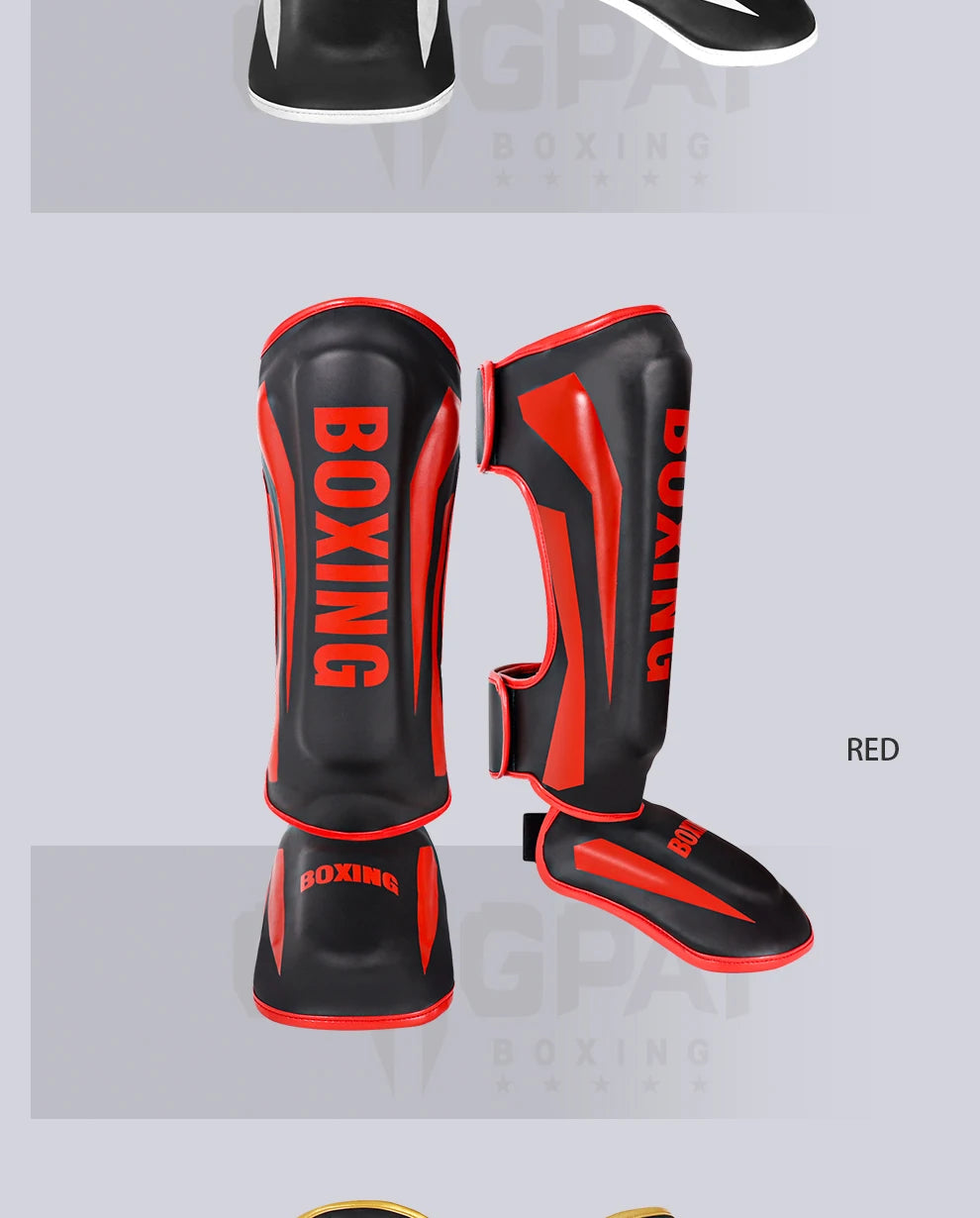 Muay Thai shin guards and foot back leg protectors for boxing, fighting, and taekwondo training