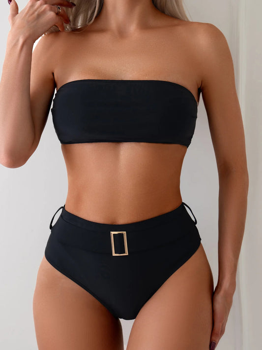 2 Piece Black Bandeau Bikinis High Waist Swimsuit Women Solid Swimwear Bathers Bathing Swimming Swim Suit Beachwear The Clothing Company Sydney