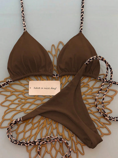 Halter Bikini Set Lace-Up Low Waist Two Piece Triangle Thong Swimwear Leopard Tie On Side Brazilian Micro Bikini Set