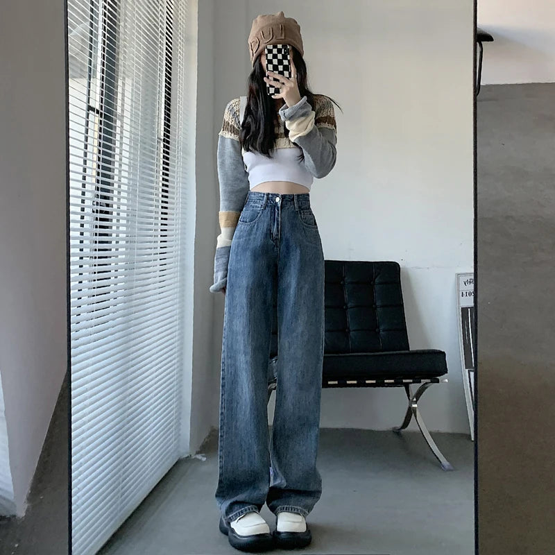 High Waisted Jeans Y2K Fashion Women Clothing Blue Black Straight Leg Denim Pants Trousers Mom Jean Baggy Trousers