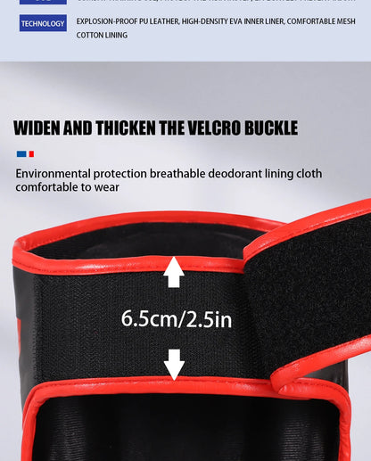 Muay Thai shin guards with foot and back protection for boxing, fighting, and taekwondo training