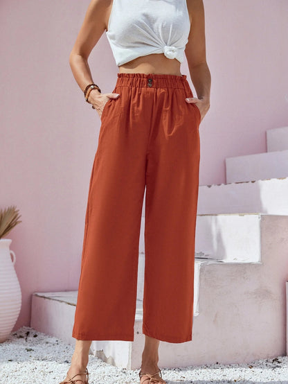 Women's Cotton Linen Loose Wide Leg Pants Summer Female High Elastic Waist Button Casual Streetwear Trousers The Clothing Company Sydney