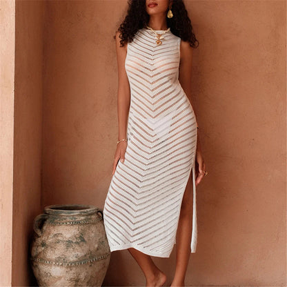 Hollow Out Sleeveless Crochet Knitted Tunic Beach Cover Up Cover-ups Mini Beach Dress Beach Wear Beachwear Female Women V6745 The Clothing Company Sydney