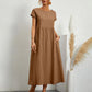 Women's Elegant Dress Summer Short Sleeve O-Neck Vintage Cotton Linen Comfortable Loose Pocket Long Dress