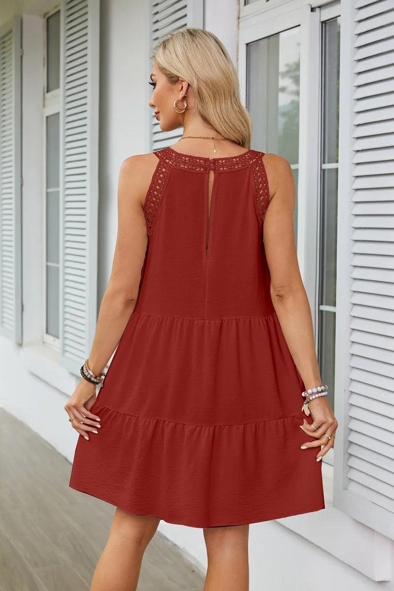 Hollow Lace Patchwork Halter Neck Women A Line Dress Summer Casual Solid Color Loose Beach Holiday Sundress