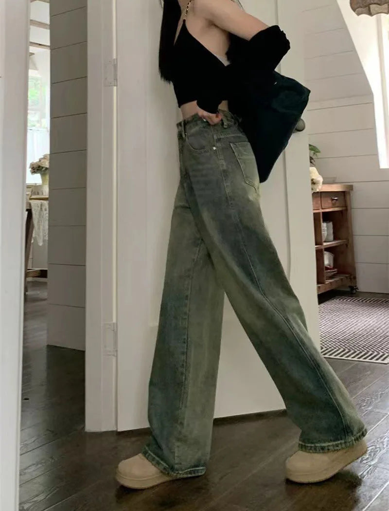 Vintage Baggy Straight Denim Trousers Y2K High Waist Loose Wide Leg Jeans Women Streetwear All-Match Casual Pants