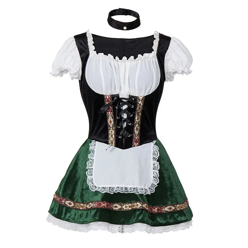 Women's Elegant Ruffled Lace Up Maid Cosplay Costume Oktoberfest Bavarian Dirndl Vintage Festival Dress