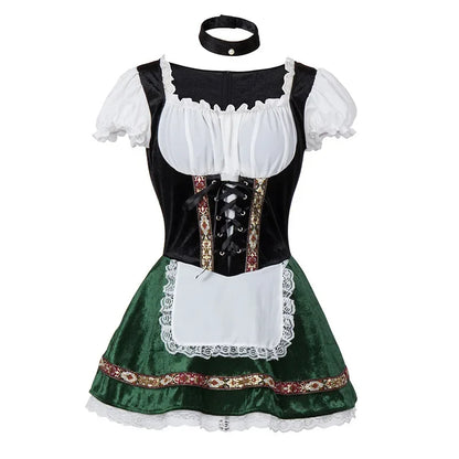 Women's Elegant Ruffled Lace Up Maid Cosplay Costume Oktoberfest Bavarian Dirndl Vintage Festival Dress