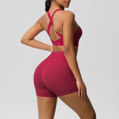 2 Piece Sportswear With Pocketed Gym Clothes Yoga Suits Women Tracksuits Sports Shorts Crossover Bra Leggings Set