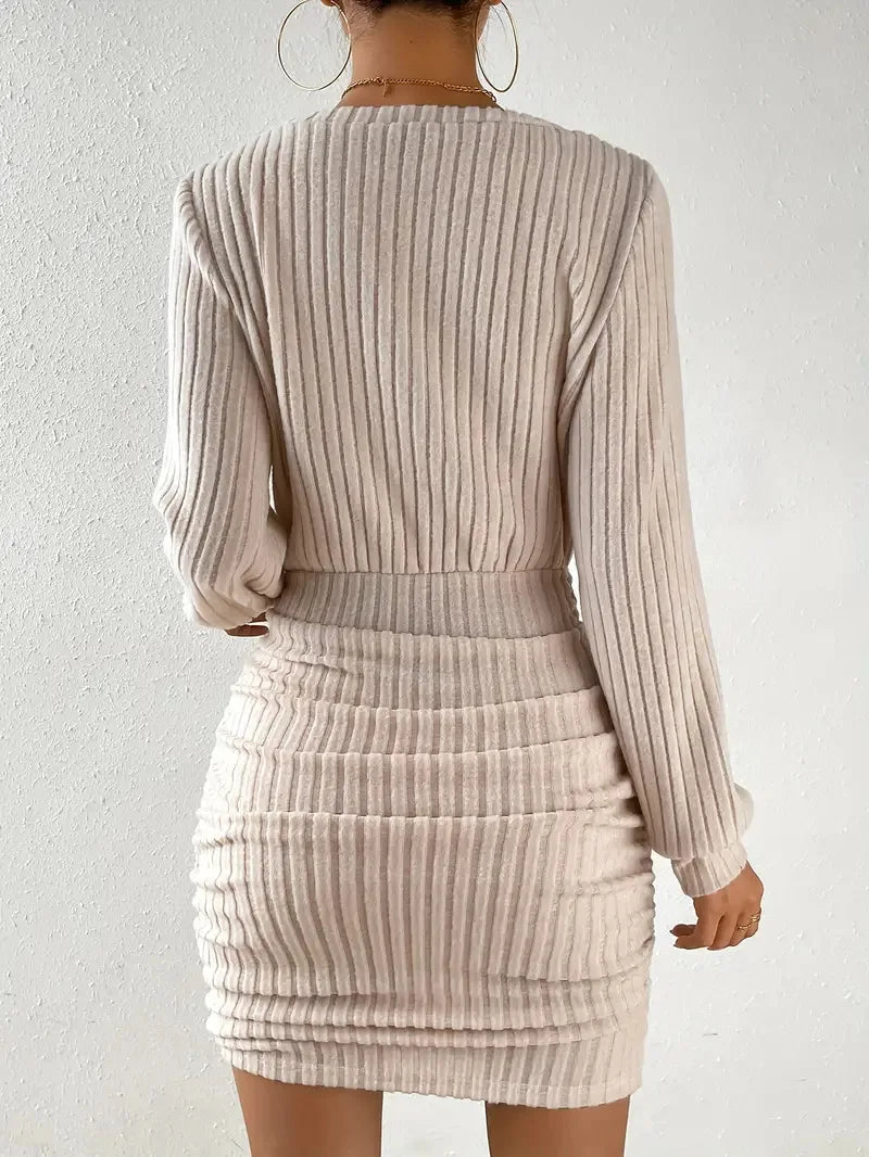 Women's Autumn Winter Knitted Sweater Mini Dress Female Casual Solid Wrap V-neck Long Sleeve Warm Bodycon Short Dress The Clothing Company Sydney