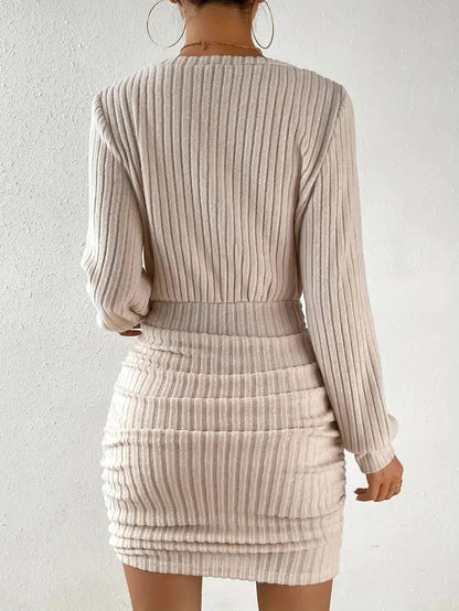 Women's Autumn Winter Knitted Sweater Mini Dress Female Casual Solid Wrap V-neck Long Sleeve Warm Bodycon Short Dress The Clothing Company Sydney