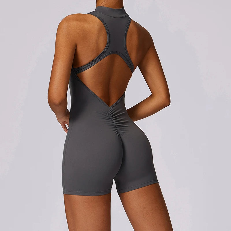 V Back Scrunch Sports Jumpsuit Women Gym Rompers Sleeveless Sportswear Zipper One-Piece Suit Yoga Clothing