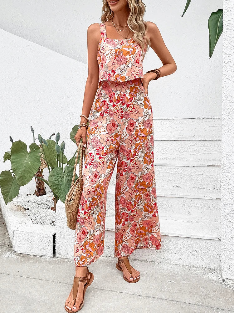 Elegant Long Women's Backless Wide Leg Jumpsuits Casual Sleeveless Floral Rompers Summer Matching Outfit Set