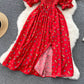 Women's Fashion Romantic Floral Print Split Long Summer Dress Puff Sleeve Party Dress