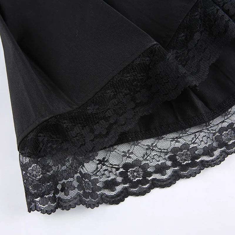 Retro Pleated Skirt Lace Up High Waist Plaid Mesh Stitching Hem Y2K Aesthetic Gothic Black Mini Skirt The Clothing Company Sydney