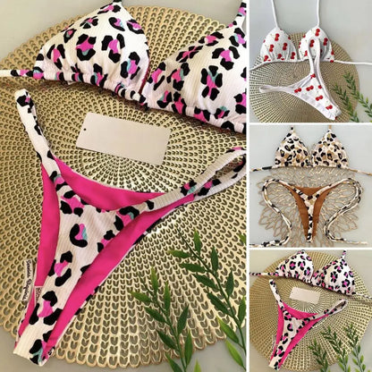 Two Piece Bikini Set Leopard Print Halter Bikini Set Cherry Print Thong Swimsuit High Waist Lace-up Bathing Suit - The Clothing Company Sydney
