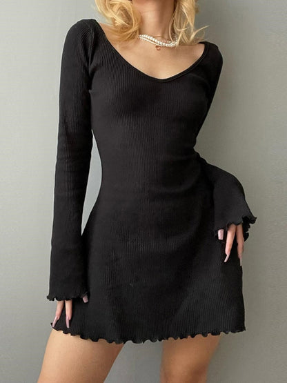 Backless Chic Solid Long Sleeve Autumn Dress Women's Fashion Basic Mini Dresses Slim Elegant Dress The Clothing Company Sydney