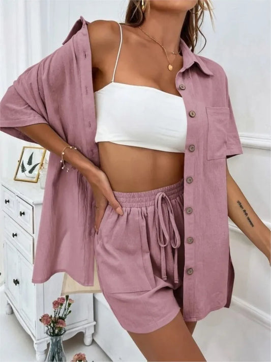 Casual Loose Single-breasted Top And Drawstring Shorts Set Fashion Ladies Suits Summer 2 Piece Set  Matching Outfits