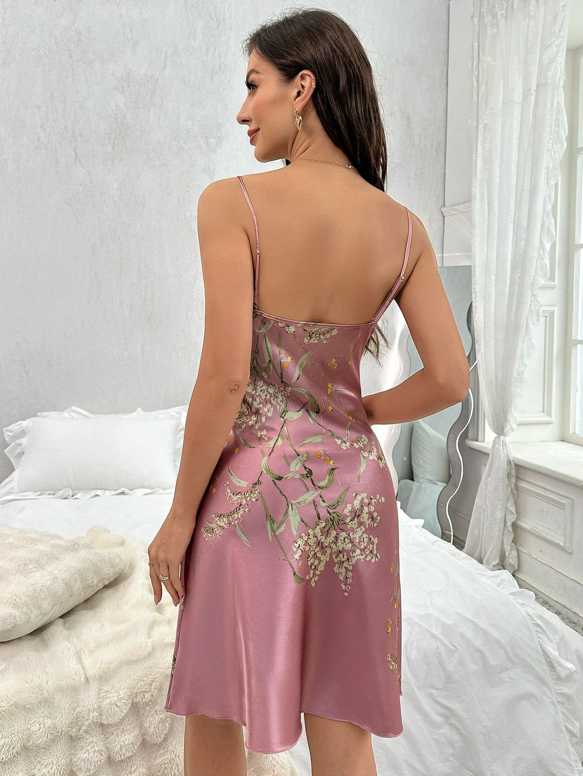 Floral print women’s nightdress with V neck and spaghetti straps in soft sleepwear dress style
