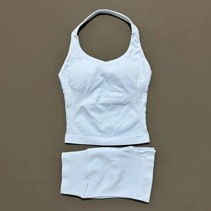 2 Piece Sports Halter Top Strappy Bra Shorts Matching Set Seamless Yoga Gym Running Fitness Shorts Suit