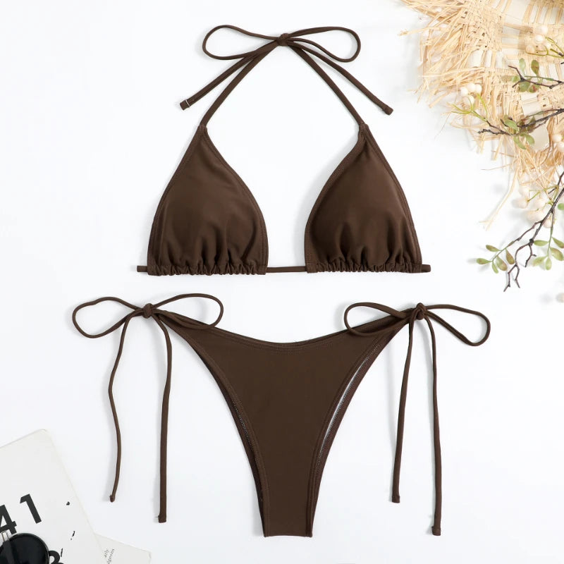 Women's Thong Solid Color Bikini Set Side Halter Tie Swimsuit Ladies Split Strap Adjustable Brazilian Swimwear Beachwear The Clothing Company Sydney