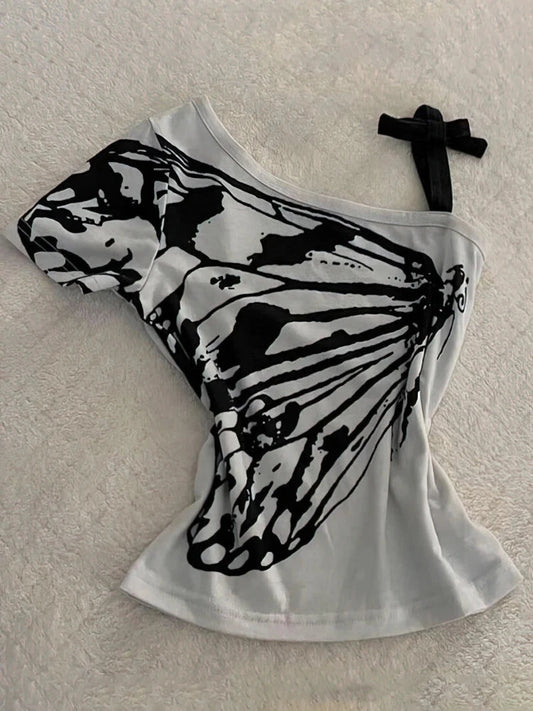 Off shoulder Summer T shirt Womens Aesthetic Print Short sleeve Body Tops Female Tees Cotton Front Bow Tied Top The Clothing Company Sydney