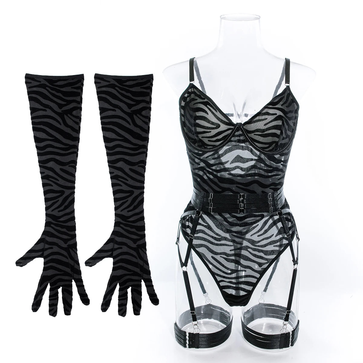 Tight Fitting Lace Bodysuit With Gloves Garter Night Club Outfit Mesh Top Lingerie Set