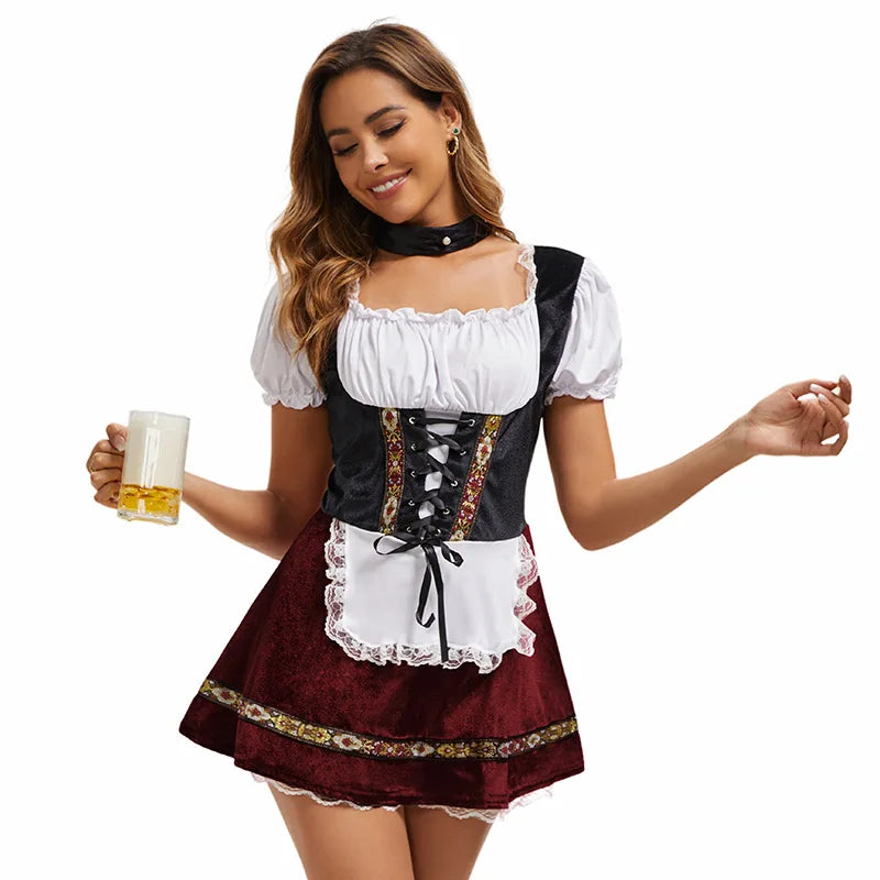 Women's Elegant Ruffled Lace Up Maid Cosplay Costume Oktoberfest Bavarian Dirndl Vintage Festival Dress