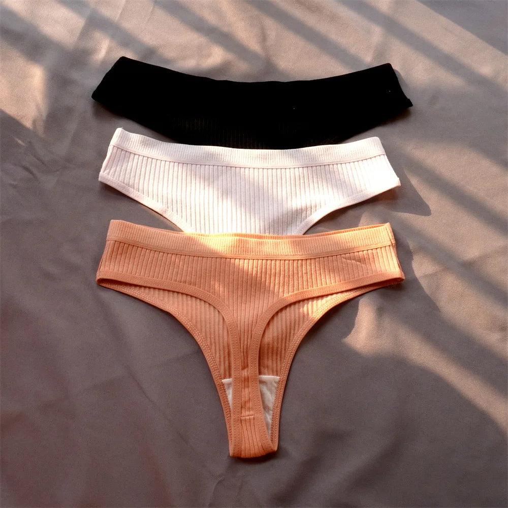 3 Pack Seamless Ribbed Cotton Thong Low Waist Bikini Briefs Sports Underwear Plus Size