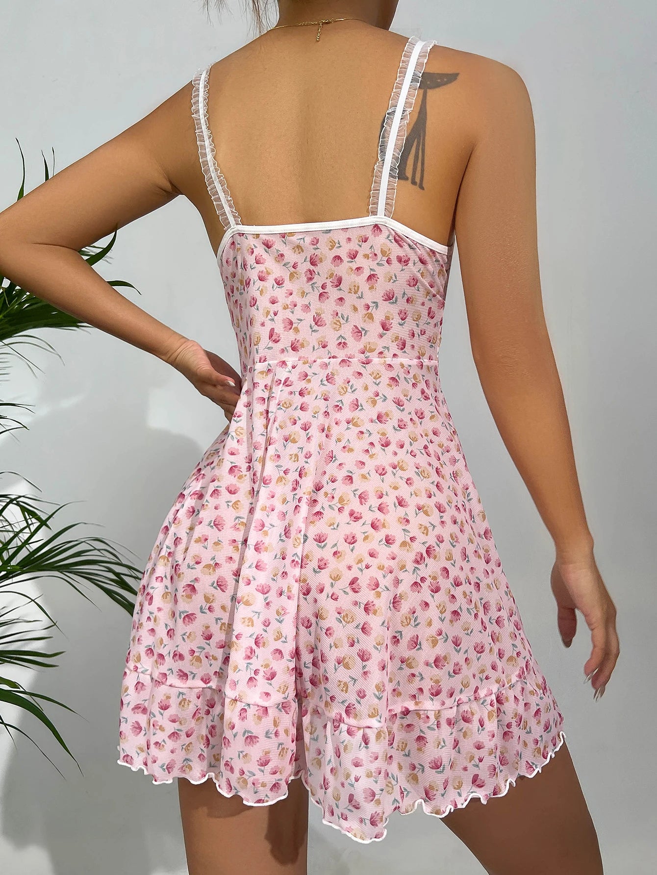 Summer Pink Dress Floral Printed Lace for Women Home V-neck with Strap Camisole Nightdress